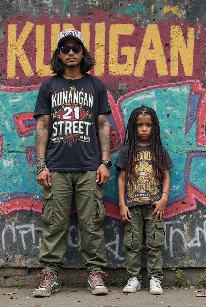 Graffiti wall that says KUNINGAN 21 STREET and a young Indonesian man age 35 years old army trousers sunglasses softball hat semi long hair hand tattooed t-shirt standard body standing defiantly alongside a small Indonesian girl aged  long hair dreadlocks ...