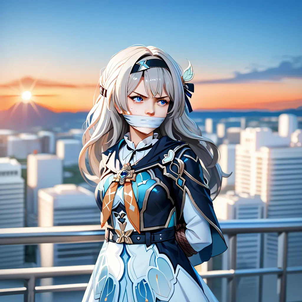 score_9, score_8_up, score_7_up, cityscape, scenery, blue sky, sunrise, night, star \(sky\), science fiction, railing, lens flare, shooting star, BREAK
source_anime, (1girl, solo, solo focus), fireflydef, grey hair, long hair, dress, hair ornament, hairban...