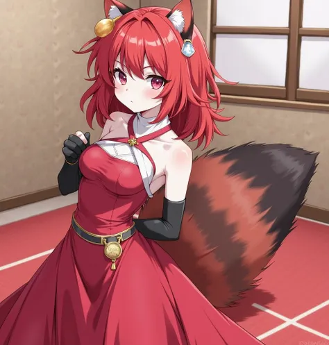 Girl, dressed in an elegant red silk dress, evening dress, wearing black elbow-length gloves,  Masterpiece , red hair, long hair,  looks at the viewer,   violet eyes,  Purple eyes,  raccoon ears ,  Tanuki tail, Honey, Anime style