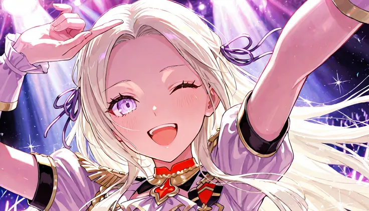 edelgard_Fire Emblem, edelgard von hresvelg, 1girl, solo, long hair, happy, smile, wink, lowered eyebrows, blonde hair, open your mouth,  closed eyes, hair ribbon,White idol clothes, Clothes with ribbon on the chest, arm up, stage, Light purple penlight,so...