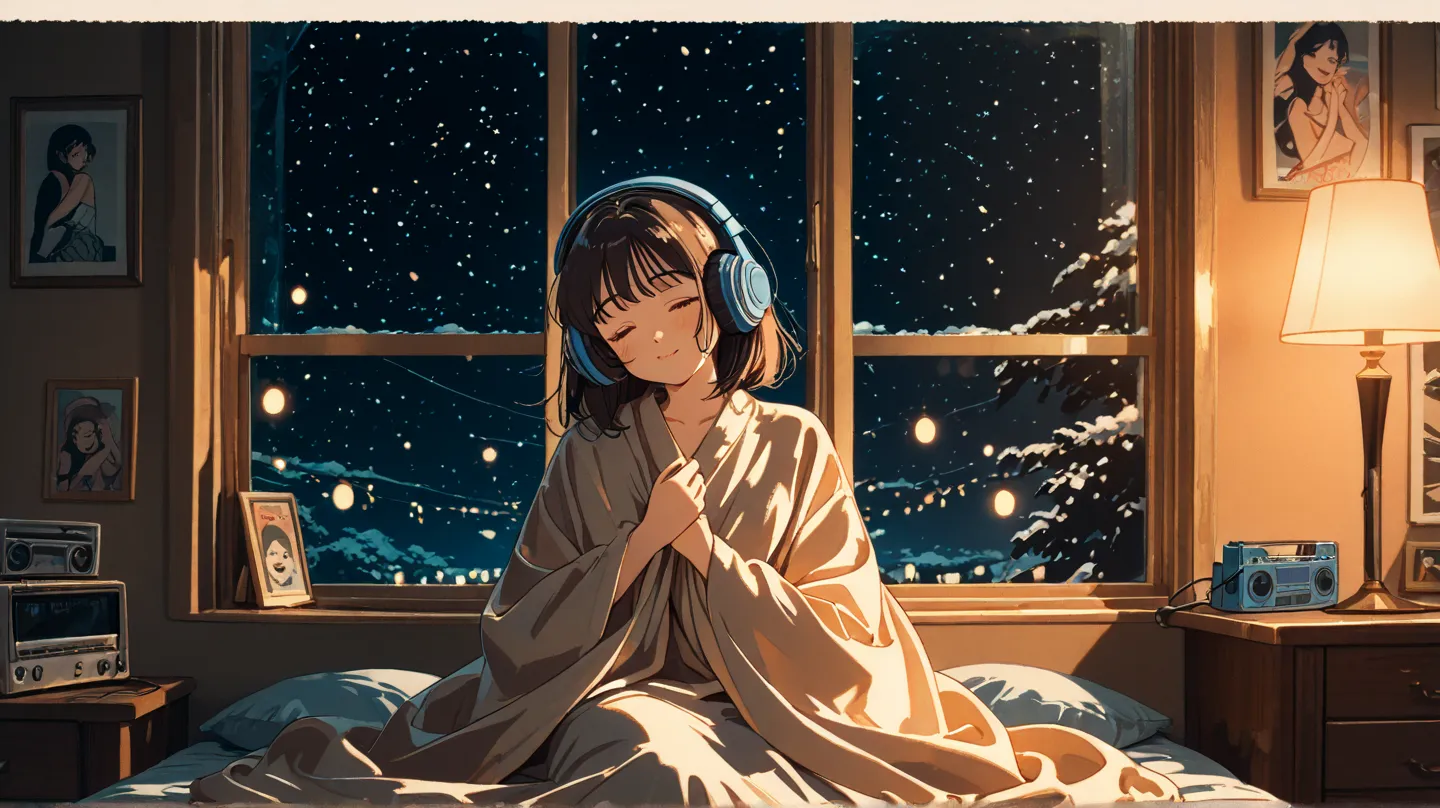 A age girl with large headphones, enjoying the music in her room. In her hands she holds a classic 90's walkman with a cassette inside. Her expression is relaxed and dreamy, with her eyes closed or looking out the window.  The room is cozy , with dim light...