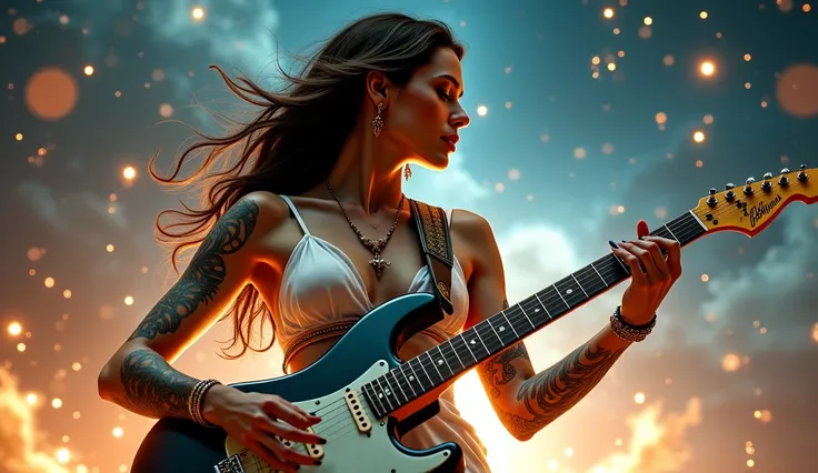 ((masterpiece, sex, highest image quality, high resolution, photorealistic, RAW photo, extremely detailed 8k unified CG wallpaper)), Close-up close up of sexy woman playing guitar, wearing a white dress up to her breasts, tattoo on arms,  a lot of sweat, c...