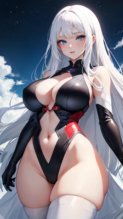 anime style: woman with smooth white hair,  blue-eyed, perfect face with red lipstick, perfect body with big breasts thick thighs, wears a one-piece white dress with black details on her hands has Japanese fans.