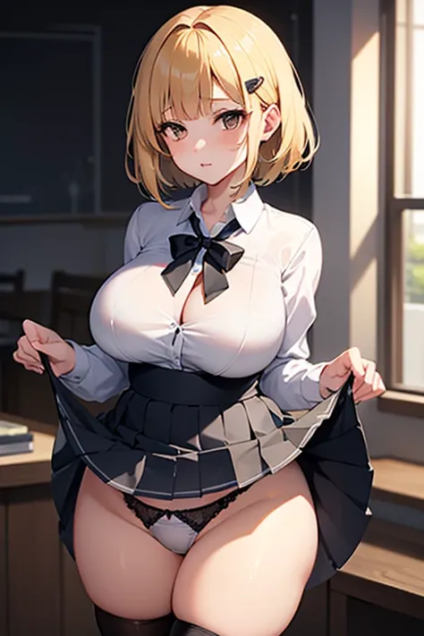 Himeko, joshi kousei rich thots, short hair, blonde hair, blunt bangs, (large breasts:1.6), grey skirt, white shirt, pleated skirt, brown eyes, loafers, stockings , strained blouse, hair clips, black ribbon, stands, underpants, underwear,