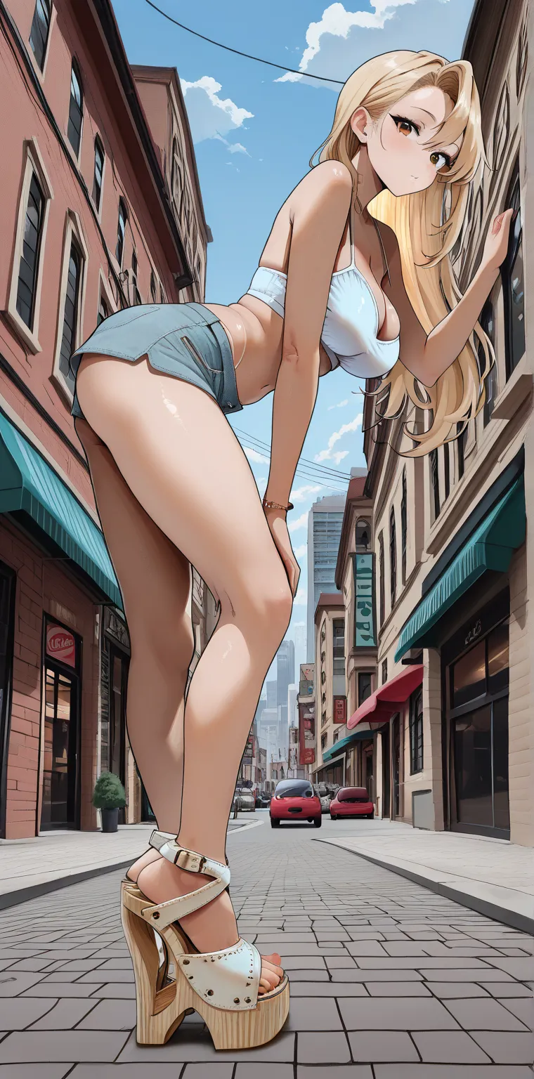 masterpiece, best quality, 
1girl, 
standing, looking at viewer, low angle,, (from side),
contrapposto, leaning forward, 
cleavage,
slutty blonde bimbo, pornstar,
round breasts,
(3lli3 wedge heels), platform footwear,
city street, day,