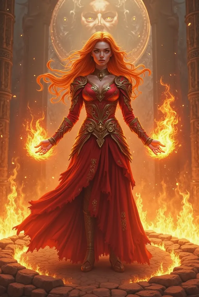 A woman with a body and his upright posture, stood in the midst of a circle of smoldering flames. His long red-orange hair, blazed like a living flame.  His eyes shine golden , reflects the power of fire burning in his soul. He wore red and gold light armo...