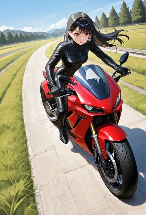 Black long hairstyle DUCATI's red motorcycle　are riding motorbikes　Panigale black bike suit big boobs smile　My hair is fluttering in the wind