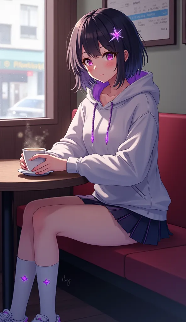 masterpiece, highest quality, High Resolution, very detailed,(((pretty girl with dark hair))), (((Japanese anime))), (((short hair))), (((small star-shaped hairpins))), (((Focus on a simple yet stylish hoodie、Magical essence is applied to cuffs and hem))),...