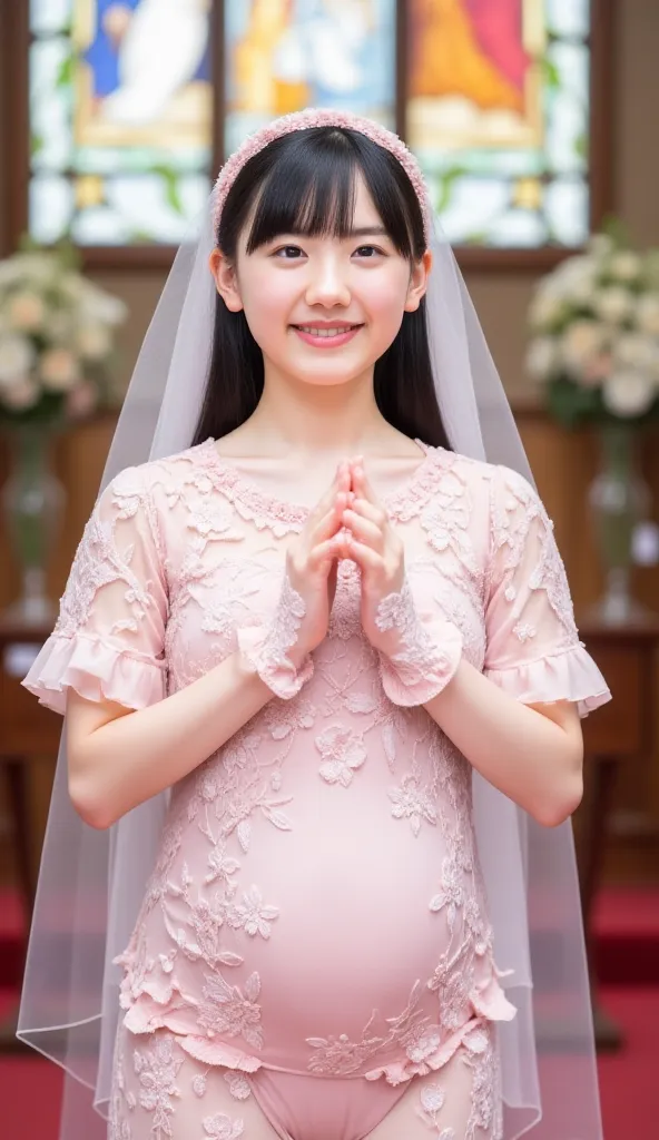 (( church chapel in front of the altar,))break
1japanese slim body girl,
(((((((Pink blindfold:18)))))))
(((pink wedding veil, pink gloves,pink panties)))break
((((((Pregnant girl smiling and putting her hands together to offer a prayer,))))))
