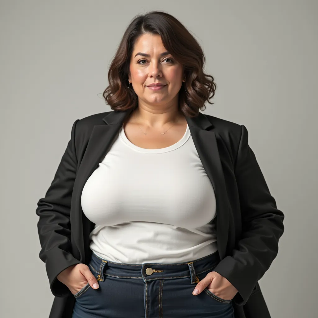 48 year old woman with large breasts and a white T-shirt and a black jacket