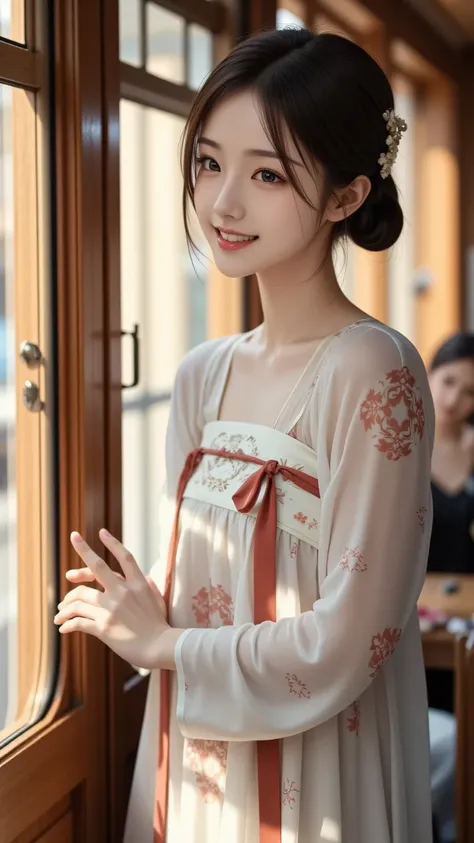   photos, yellow color，Hanfu、High School Girls、 in a train, 1 girl, solo, looks at one woman, smiles, High Resolution, masterpiece, anatomically correct, highest quality, 