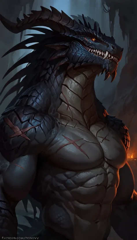 lizardfolk, anthro dragon lizard, solo, portrait, scaly, detailed scales, experienced predator, dragonic, monster, mercenary, grin, black scaly body, matte body, toned, muscular anthro, big muscles, big horns, detailed scales, scars on body, 1male solo, an...