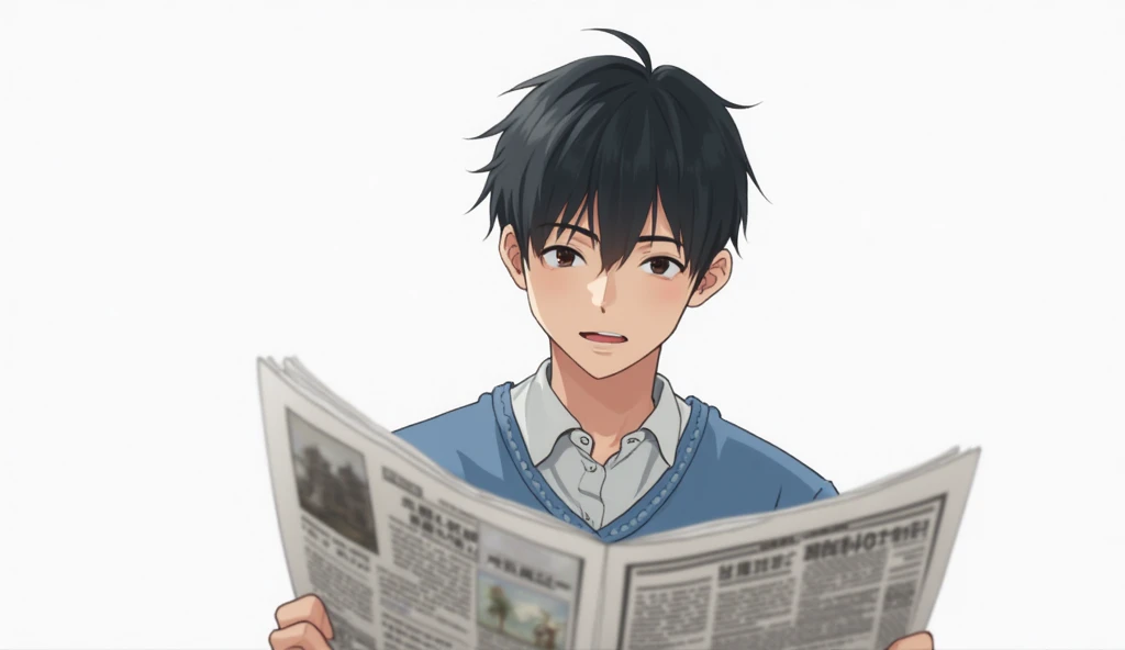 High quality photos、real、A Japanese high school student with black hair shortcuts is reading a newspaper close to his face、（The background is white）