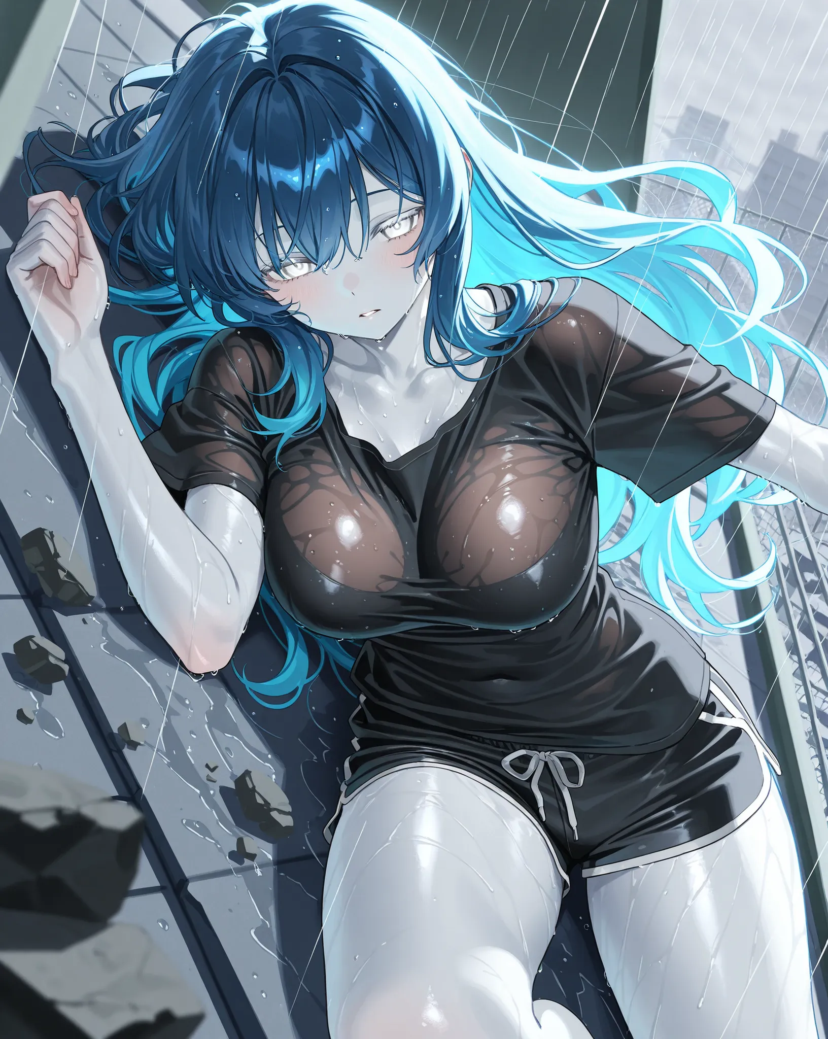 best image quality、High Resolution、 Resplendent Diamond Blue Hair 、white eyes、、rooftop、  black big t-shirt、beautiful breasts、  best thighs、Aura、 long hair、best image quality、floating rubble、Black Shorts、 white skin、 the royal family、、Straight face、Waking u...