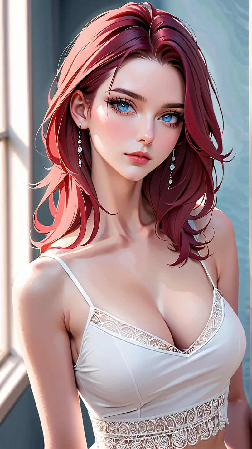 portrait, Practical, blue eyes, cleavage, white camisole, 4K resolution, High quality CG, Beautiful CG, Soft Light, fashion brand image, Fashionable and casual, dark red hair