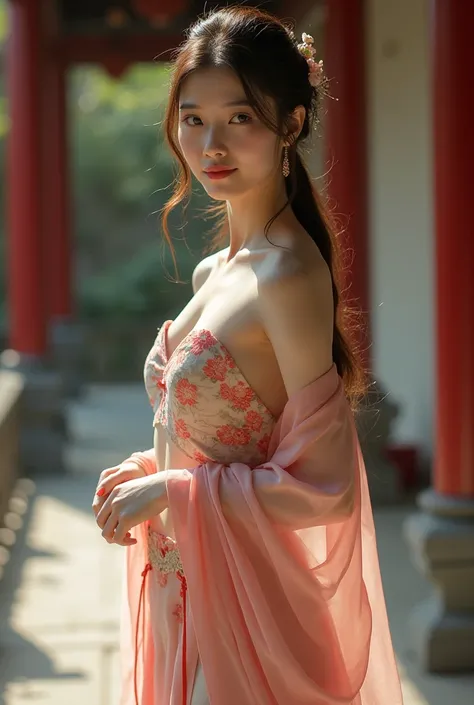 a girl in traditional chinese dress but her thighs or chest is visible 