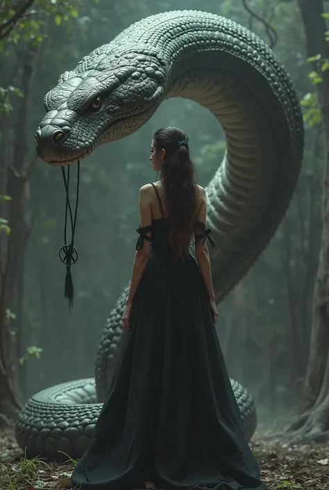 a woman in a black dress standing in front of a large snake, a character portrait inspired by Magali Villeneuve, Artstation contest winner, fantasy art, dark fantasy style art, aly fell and artgerm, alena aenami and artgerm, abaddon and magali villeneuve, ...