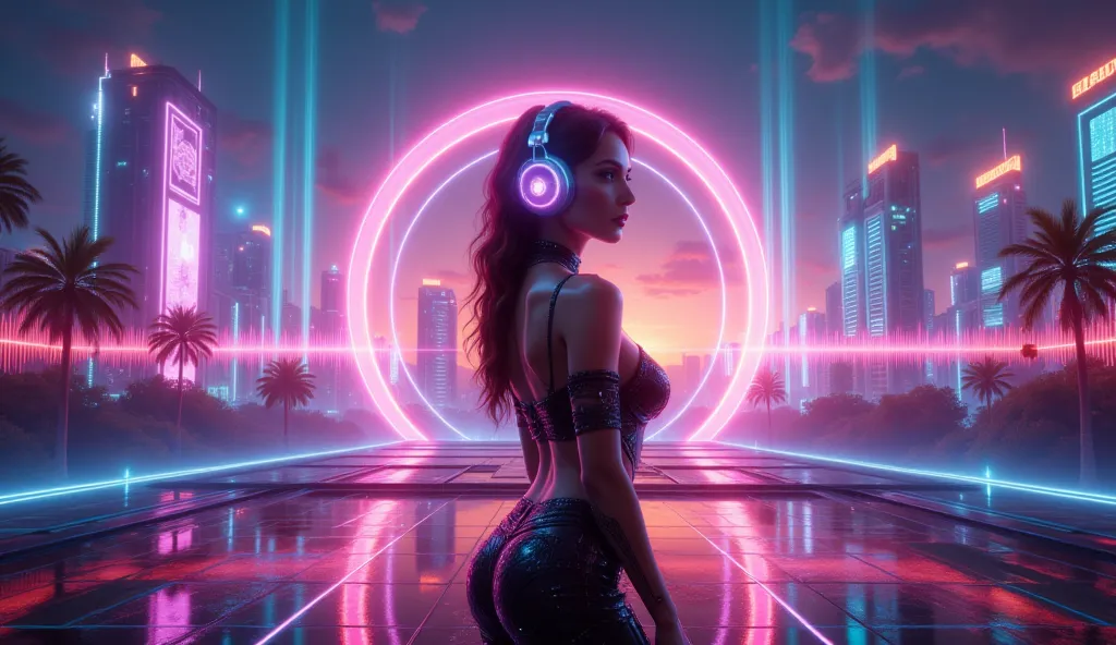 Photo realistic, equalizer, sound wave wave in landscape background, synthwave aesthetic. Full body view of elegant woman in sexy outfit from side, with glowing headphones, in futuristic sunset, futuristic city building with glowing neon lights. Retro-futu...