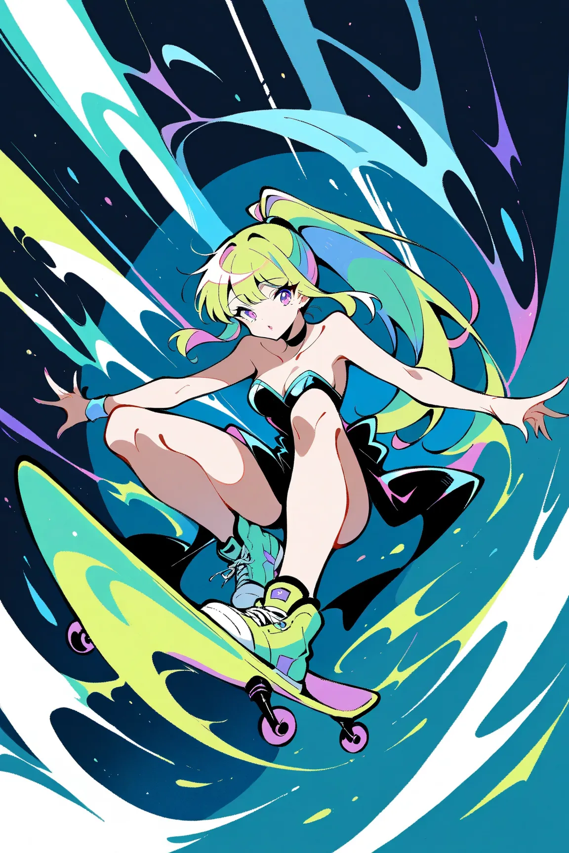 (has the best quality, sketch:1.2),practical, illustration designer  ,cunning，1 girl playing skateboarding ， delicate lips , ， strapless， Neon long hair  ,  high ponytail green  ，sneakers。fluorescent powder and fluorescent green，Ultra wide angle，perspectiv...