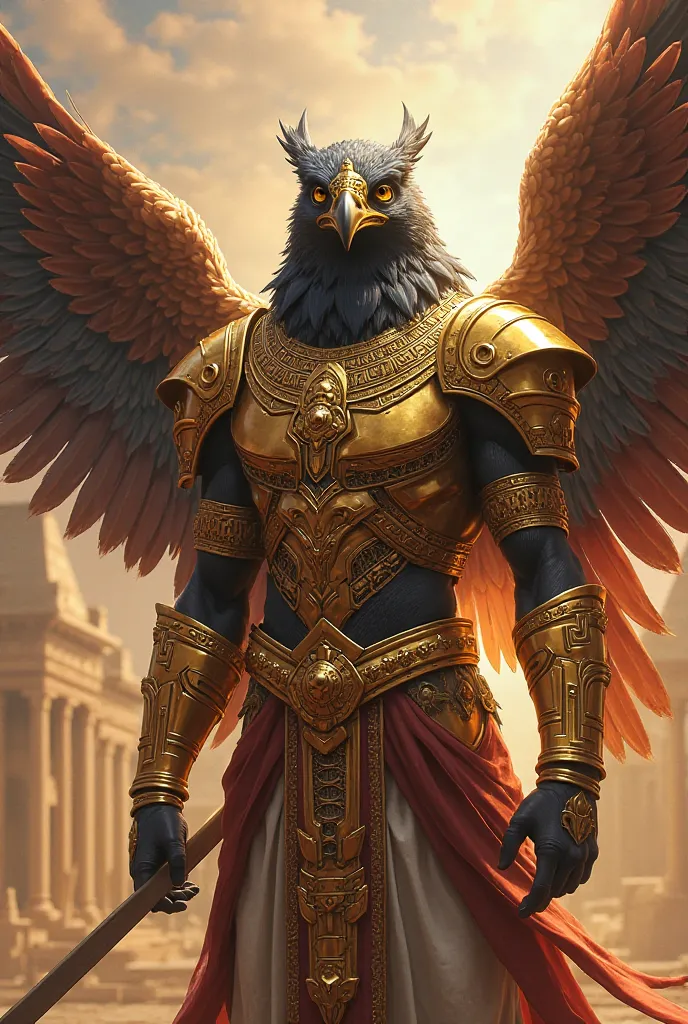 A powerful falcon warrior in golden armor, with the Egyptian flag displayed proudly.