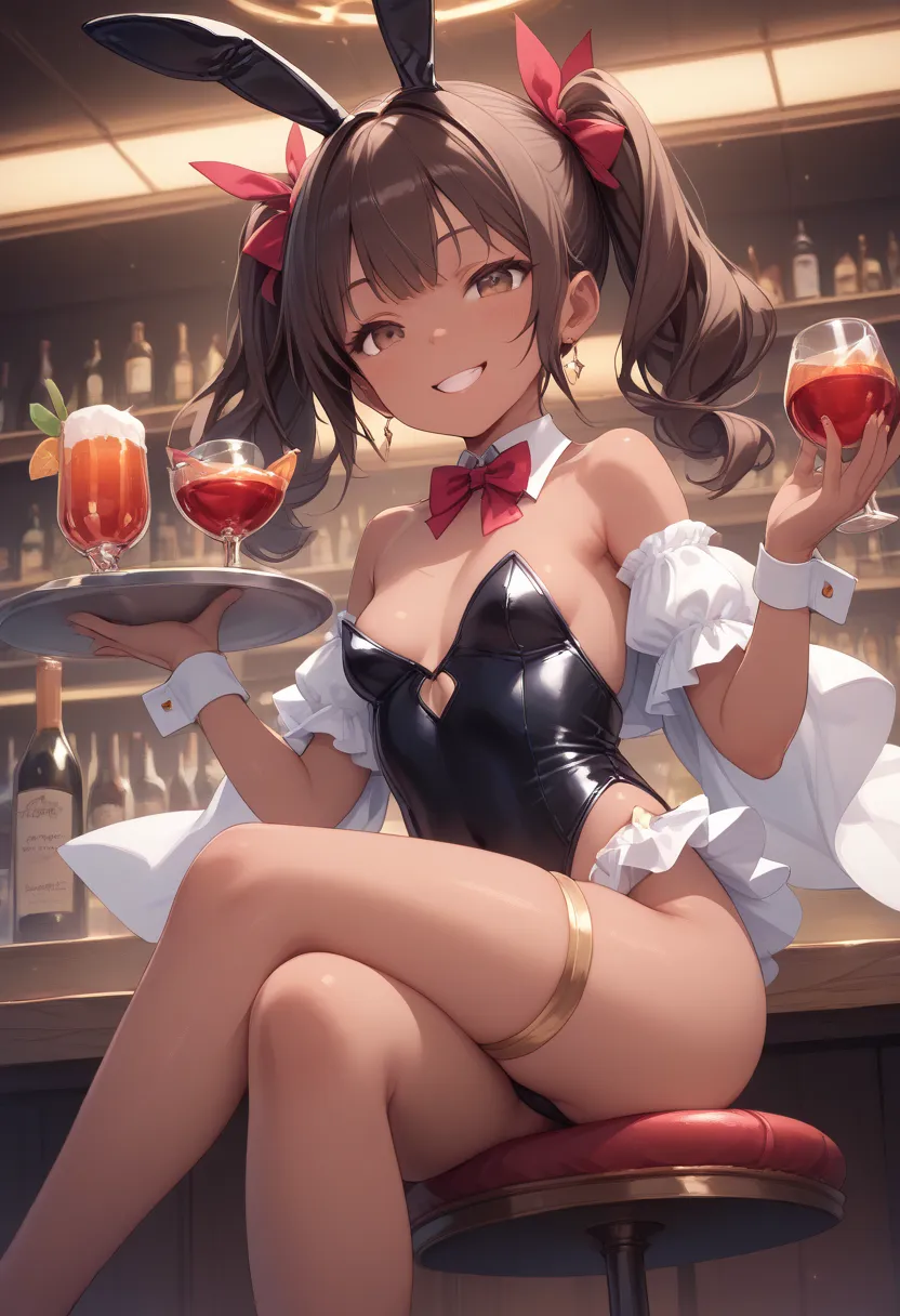 ((highest quality)), highest quality,  high quality illustration , masterpiece, Ultra High Resolution, nightclub,Bar Lounge,Bottles of sake are lined up on a shelf,dark background, ,(),Young girl, Gold,twin tails,gal, female ,dark tanned skin,brown skin, s...