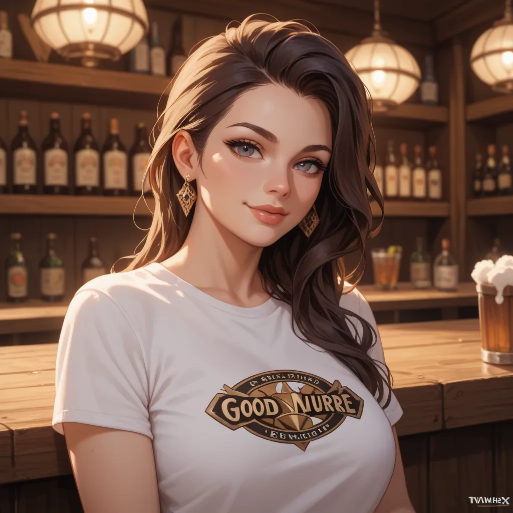 Generate female model with good looks wearing white colour Tshirt of HX branding in pub