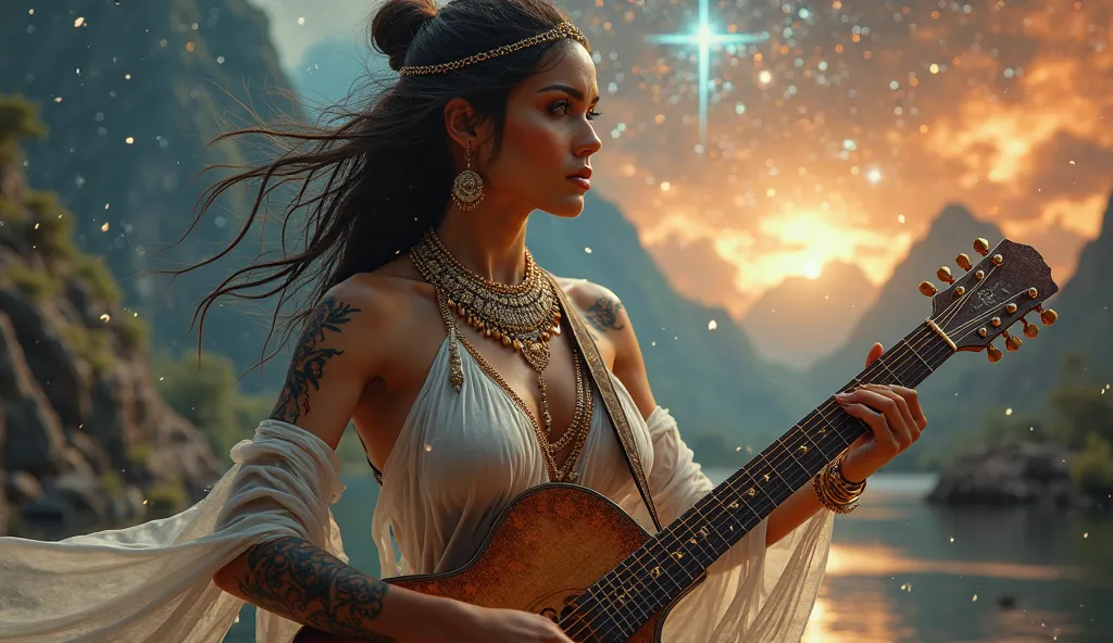 ((masterpiece, sex, highest image quality, high resolution, photorealistic, RAW photo, extremely detailed unified CG wallpaper of 8k)), Close up close on sexy woman, wearing a white Indian dress up to her breasts, tattoo on arms, playing guitar,  a lot of ...