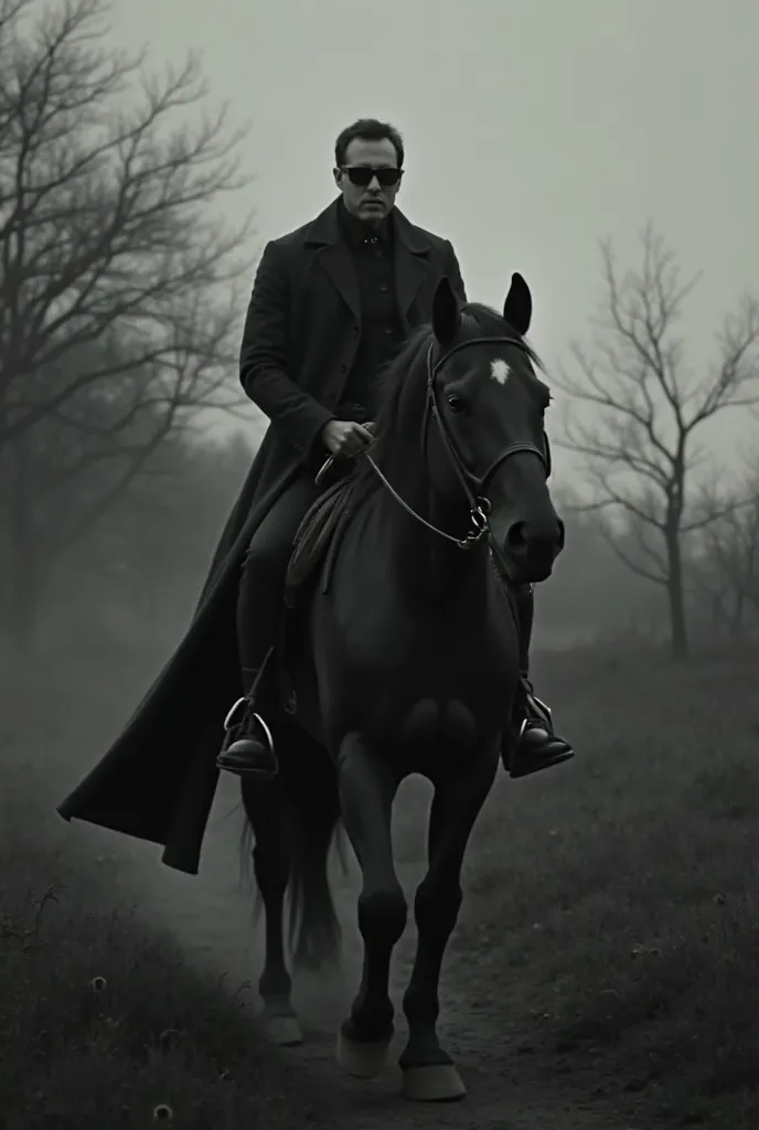 A mysterious man riding a horse in a dark and dramatic landscape. The image has a black and white cinematographic style,  with a faint lighting that highlights her figure . The man wears a long coat and sunglasses, projecting an enigmatic and powerful pres...