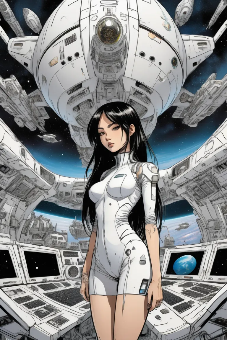  manga,anime,a girls standing in front of a big starship,Jim Mahfood, hyper detailed,white starship, Inside a Futuristic Spaceship 、Surrounded by monitors、Universe on your monitor、 Earth Seen from Space 