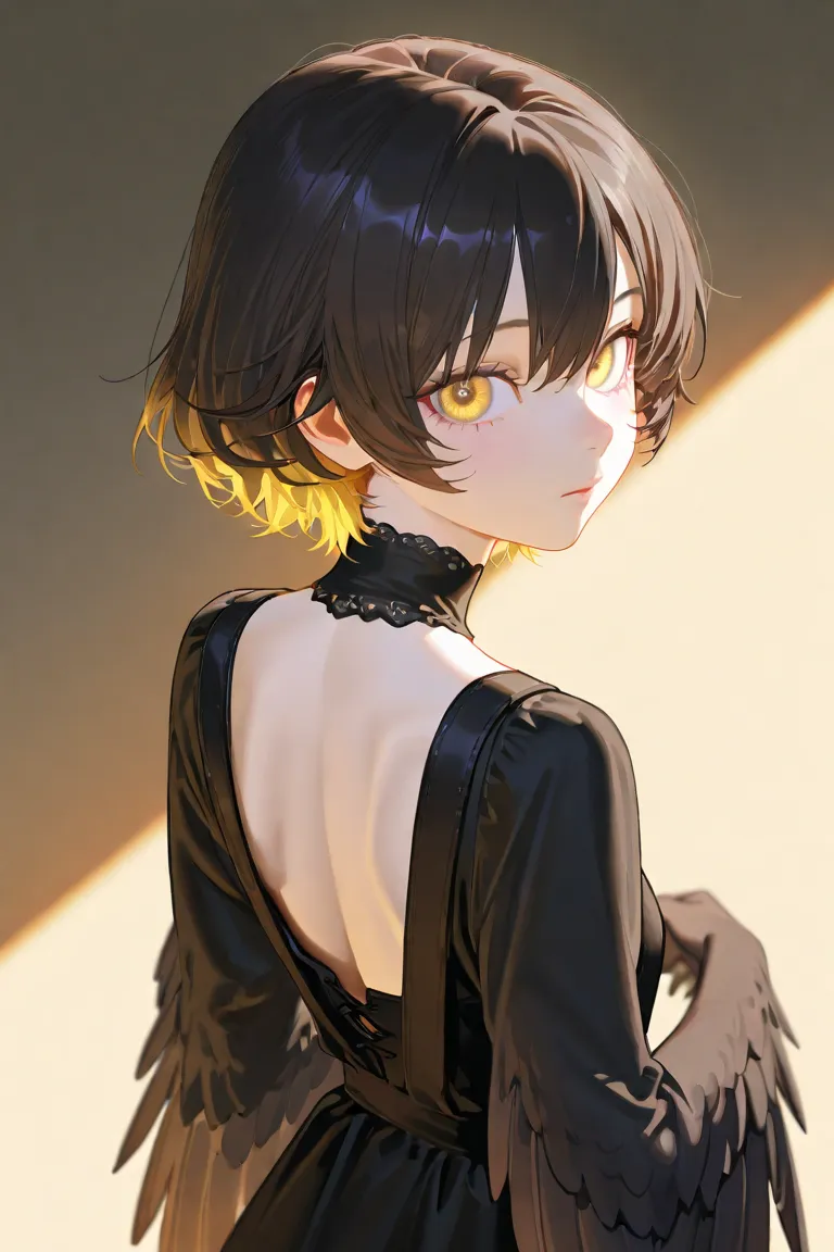 Portrait of a bird-like girl with winged arms, wearing a black dress, big eyes, yellow eyes.