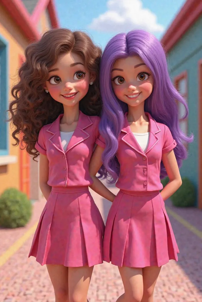 Can you create a Pixar-like image for me of two girls in pink uniforms posing with their arms around their waist, one with long curly brown hair and the other with straight purple hair