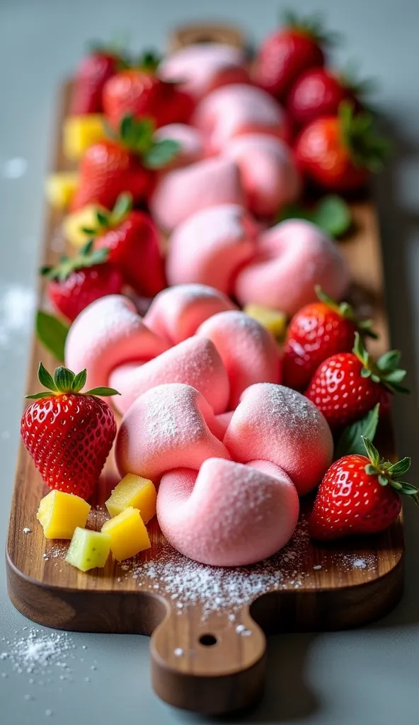 Hgraphic elements, Dynamic Light, Cinematics, HDR, UHD, professional PHOTOGRAPH OF:

"An artistic display of Strawberry Crispy Foam presented on an asymmetrical wooden board, with foam molded into abstract shapes resembling petals. Each piece is lightly du...