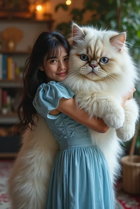 Create an image of a 30-year-old European woman with long black hair, wearing a beautiful blue dress, hugging a giant Persian Himalayan cat. The cat should be twice the size of the woman, emphasizing its enormous and majestic presence. The woman is petite ...