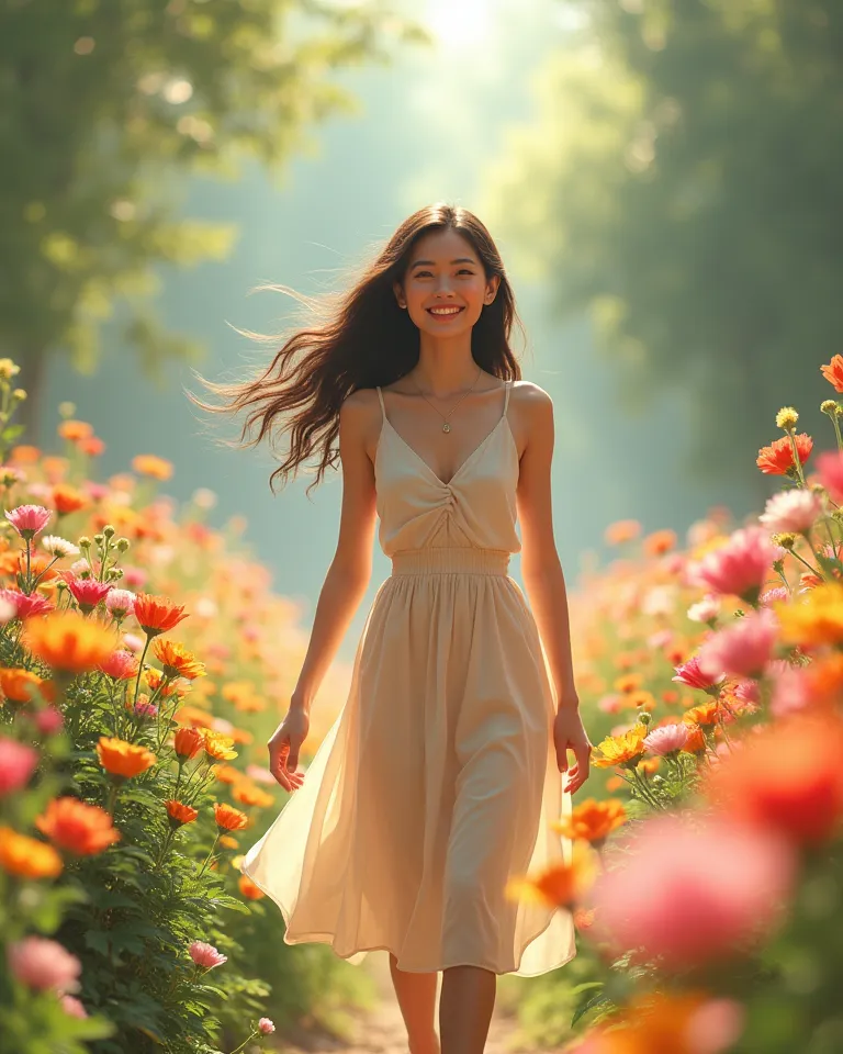 A young woman walks in a flower garden with a bright smile.