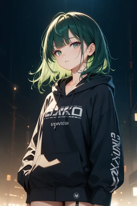 with bangs facing right and dark green hair。hair is stopped at the back、Girl with a little hair on the side。Clothes are hoodies。