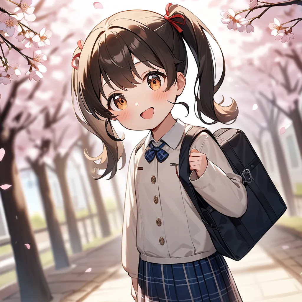 A four-year-old girl with twin-tails wearing formal attire for the entrance ceremony: navy long-sleeved blazer, white blouse, and plaid skirt. She is smiling innocently. She carries a traditional Japanese red school bag neatly on her back. The school bag i...