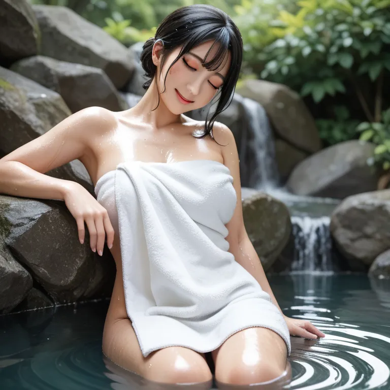 highest quality、best image quality、Age 20、real、1 girl、cute like an idol、 black hair、straight hair、smile、big boobs、full body、 completely naked、((White towel、small、wet))、bathing、In hot water、 is sleeping