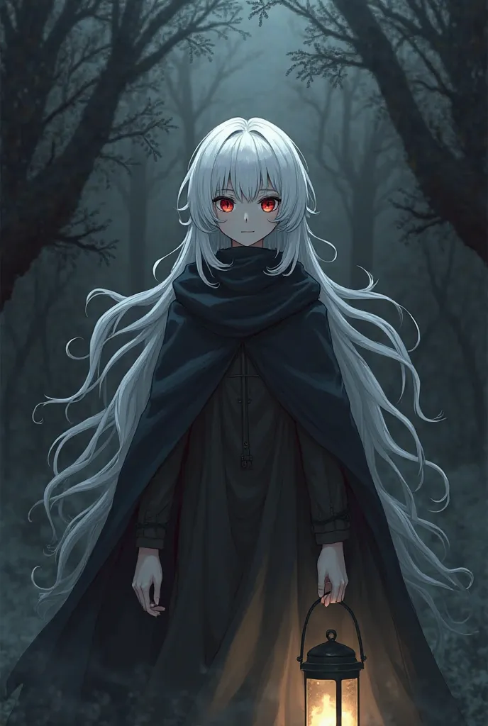 The main composition element：White-haired girl（allows you not to see your face）， black cape ，White tentacle hair extends some from under the cape，holding a lantern in his hand，, a black foggy world background（ two-dimensional anime style）