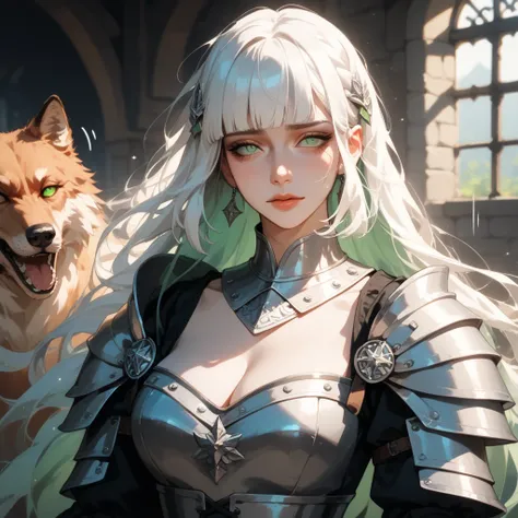 score_9, score_8_up, score_7_up, score_6_up, single focus, 1girl, expressive foxy eyes, innocent face, (motion lines=1.2), cute, sulk sad face, [1woman, long pale white hair, green eyes, straight hime cut hair, medieval armor , deep cleavage, white, standi...