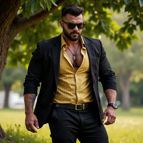 This photograph captures a young man with an exceptionally muscular large physique, hyper realistic man,, legs and chest and a neatly trimmed beard. Hairy chest, The man is dressed in a crisp, wearing unbuttoned yellow  check  shirt, black styled blazer,lo...