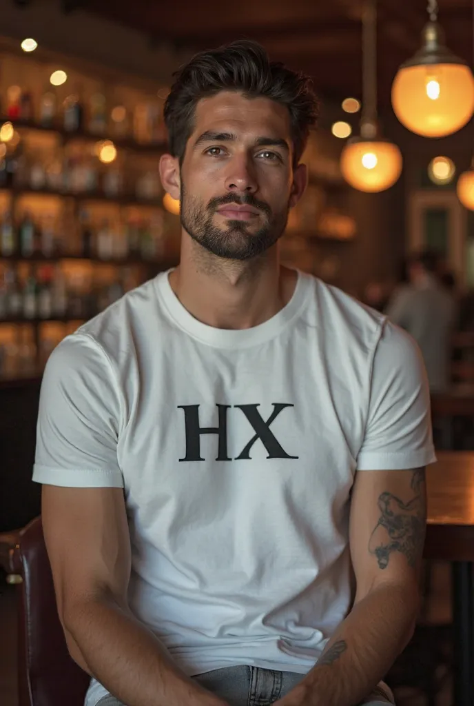 Generate male beauty modal  for fashion wearing round neck white T-shirt of HX branding in pub