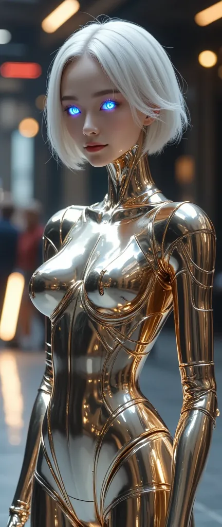 ((鏡反射メタルボディとてもbeautiful女性型ロボット)),beautiful顔の女性、full body shot、slim beauty sexy machine、(（Her eyes capture the interplay between the pale, glowing.））、absurd, masterpiece, beautiful, complicated details, 1/2. Body Crop, slim body, beautifulの図である、 Amazing ana...