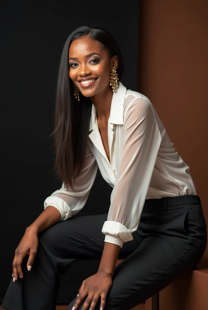 A portrait realistic image of a Nigerian woman, with a bone straight human hair, smiling,with a classy makeup leaning at an exaggerated angle, wearing a chic, all-white pantsuit. Her outfit is tailored, with wide-legged pants black trouser with a flower or...