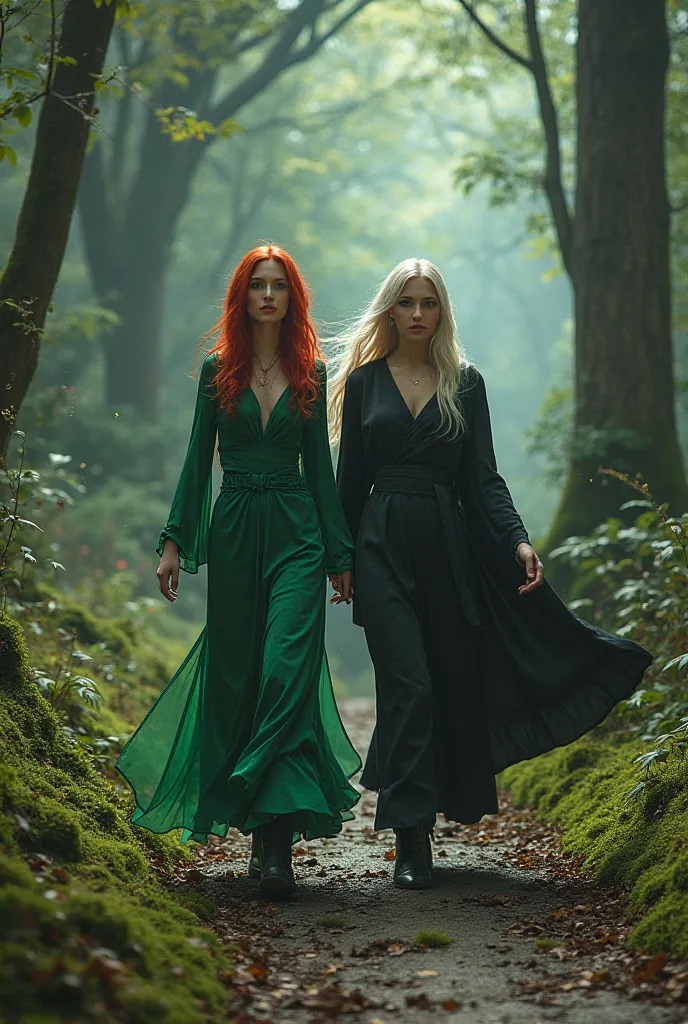 Two witches on a path, a redhead dressed in green and another white haired girl dressed in black 