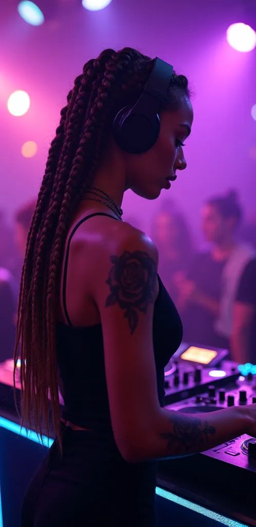 Realistic nightclub scene. Young female DJ stands at the console, dressed in black, elegant clothes. African brown braids hairstyle. She has headphones on her head. A realistic black rose tattoo with elaborate details is visible at her wrist. Club lights i...