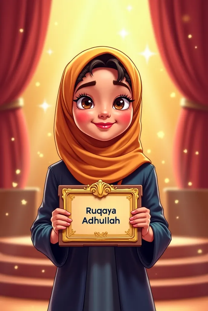 A young Muslim cartoon girl is happy to receive an award for 2. Write her name on the award 025. Her name is Ruqaya Abdullah   