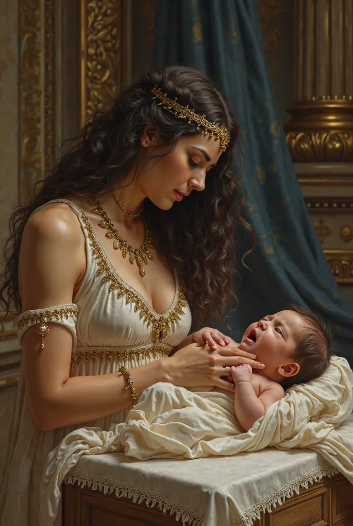 Cleopatra with a newborn baby, who is kicking and krying on the changing table