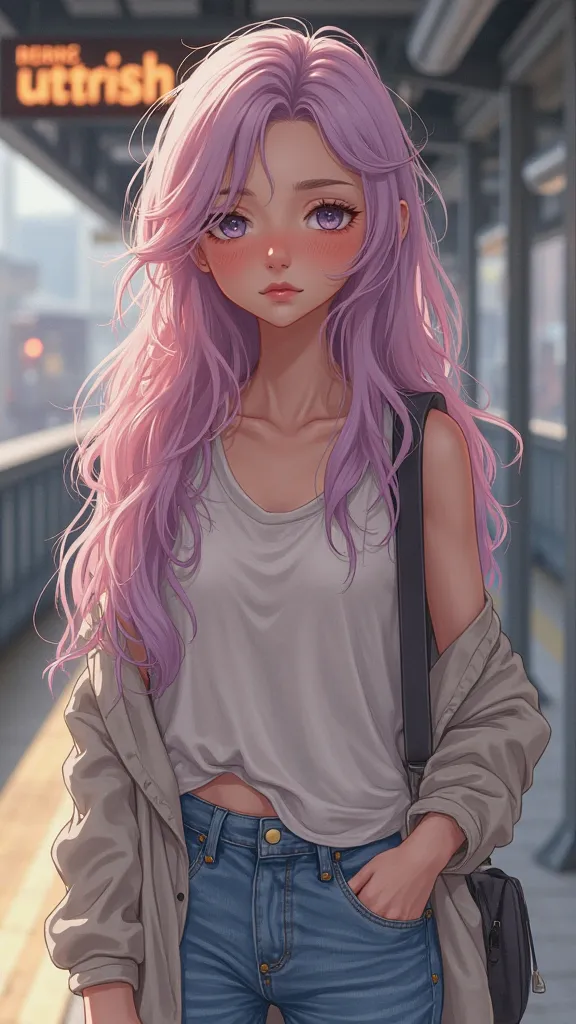 A transgender girl with long, wavy hair, dyed in a gradient of pink and lavender, looking confident yet slightly melancholic. She has fair skin, delicate facial features, and soft, expressive eyes with a hint of sadness. Her outfit is modern and casual, co...