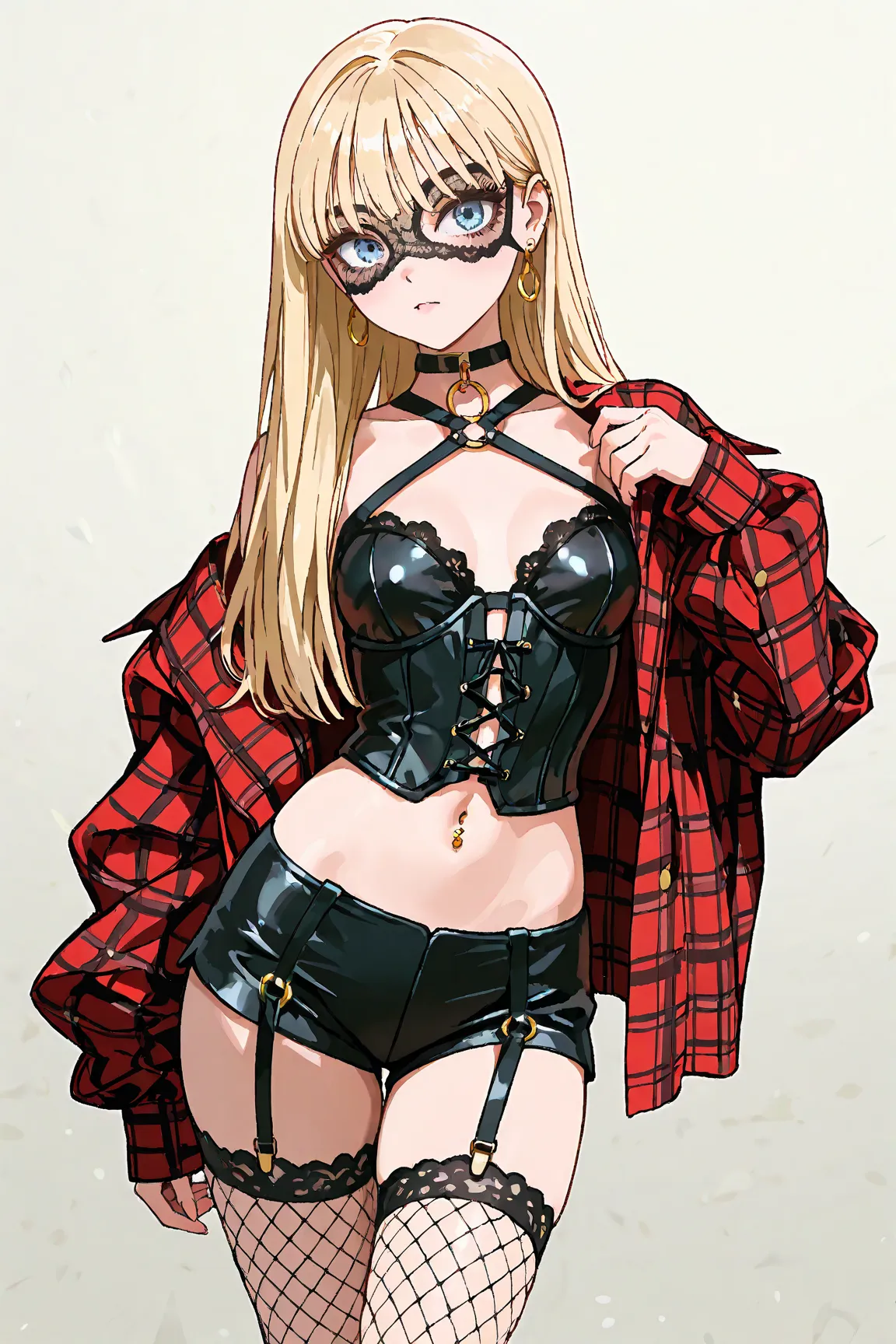 Top model, long blonde straight hair, light blue eyes,lace eyemask,open flannel jacket,black  midriff  strapples  corset, gold navel piercing, earrings,fishnet stockings, modelshoot 