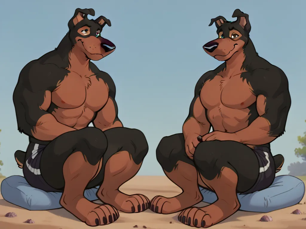 BusterLT, furry, anthro, anthro body, canine, doberman, black eyes, black nose, black body, black fur, brown body, brown fur, two tone body, two tone fur, pink inner ear, full body, heavyweight build, muscular, muscles, (flat colors, no shading), simple ba...